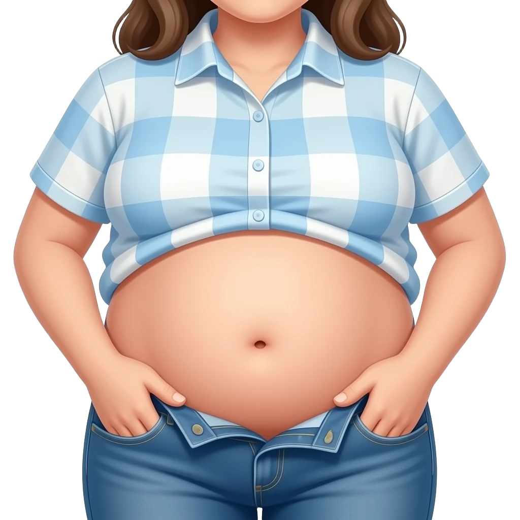 Showing a girl’s big full stomach with a bellybutton going peekaboo and her shrunk shirt losing the battle of the bulge as the poor failing clothes button pop off. emoji