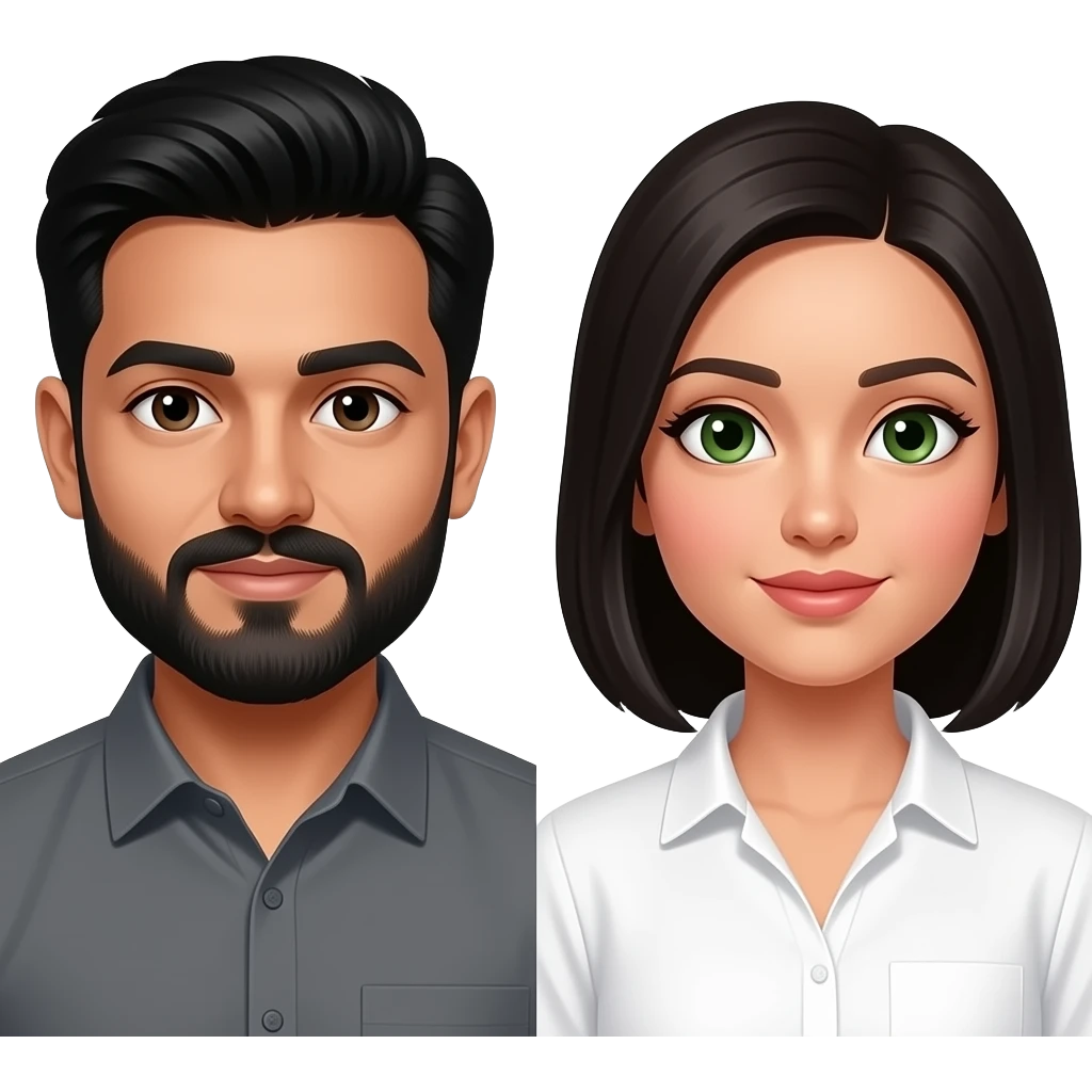 Pakistani guy with black hair, mustache and beard and white girl with black hair without bangs and green eyes emoji