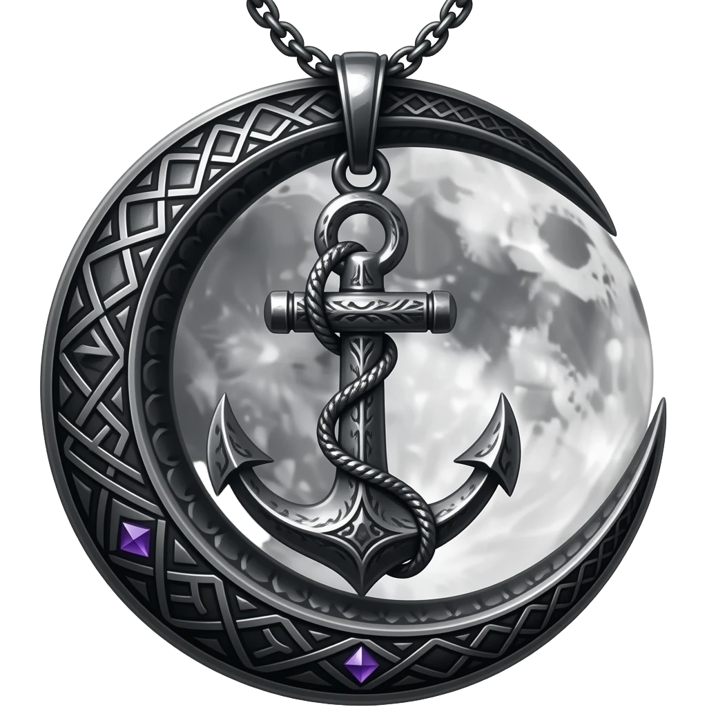 „blackened crescent‑moon and anchor pendant fused together, intricate runic engravings, small purple crystals emitting mist, moonlight reflecting on metal, ethereal atmosphere, high detail, no characters“ emoji