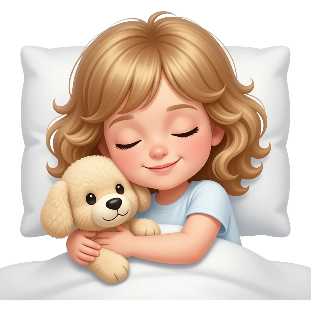 white kid  mid length hair to shoulders with bangs soft curly hair to shoulders in color: middle to little darker blond. sleeping on a pillow with a soft smile and hugging a soft beige stuffed dog emoji