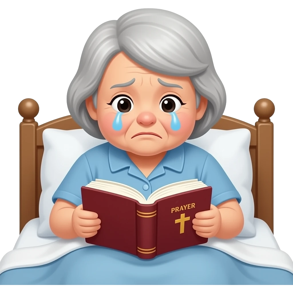 A plump, sad old lady is flipping through a prayer book in the bed emoji