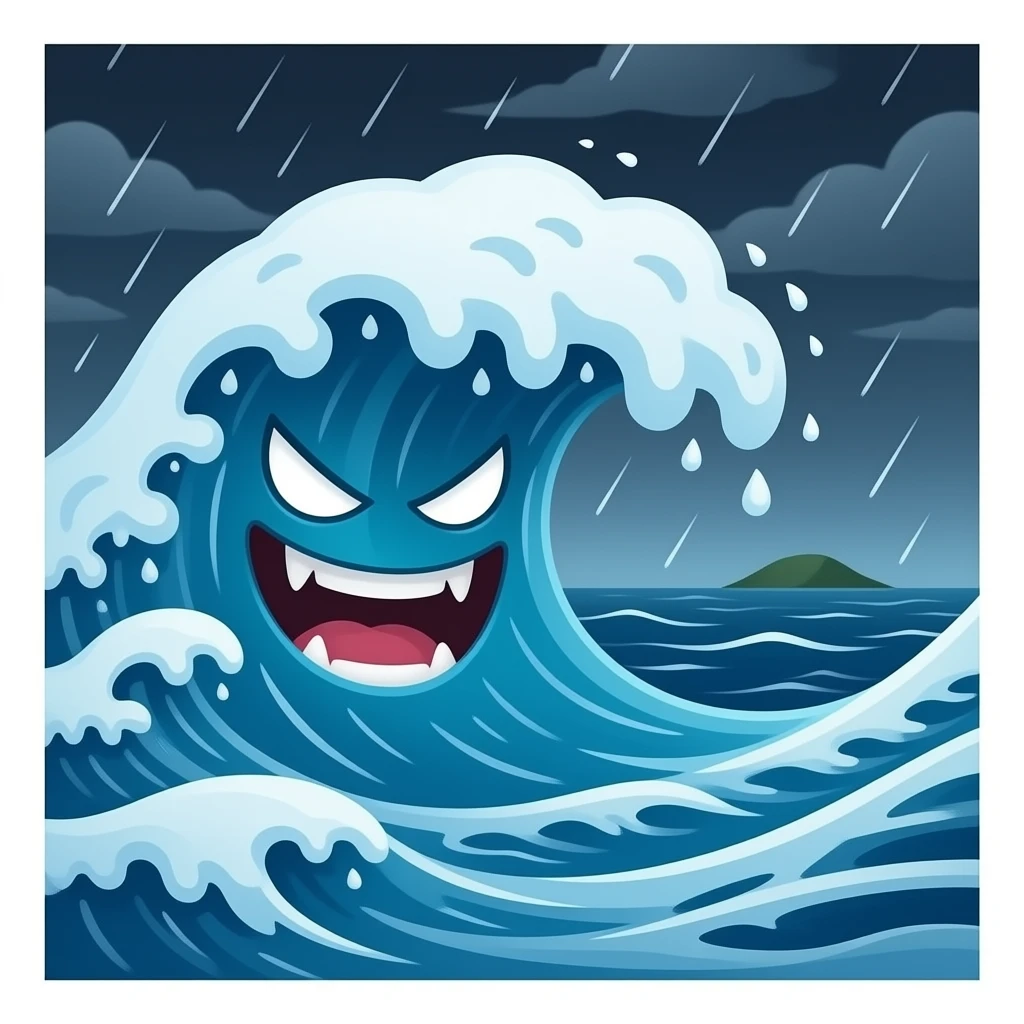 Un tsunami con cara mala así con una cara malévola una risa fea emoji