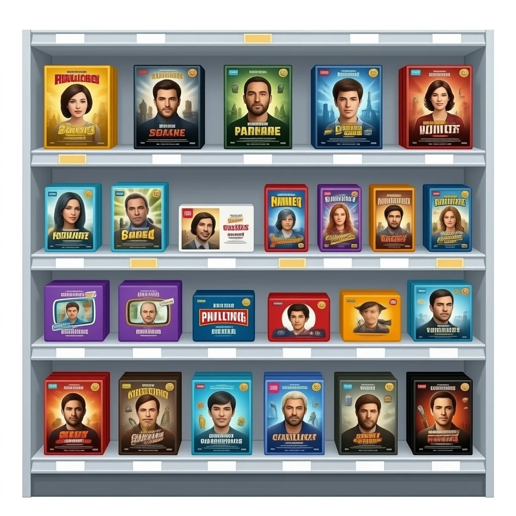 超市货架上陈列了影视周边，要求画风偏写实，满足ins风 emoji