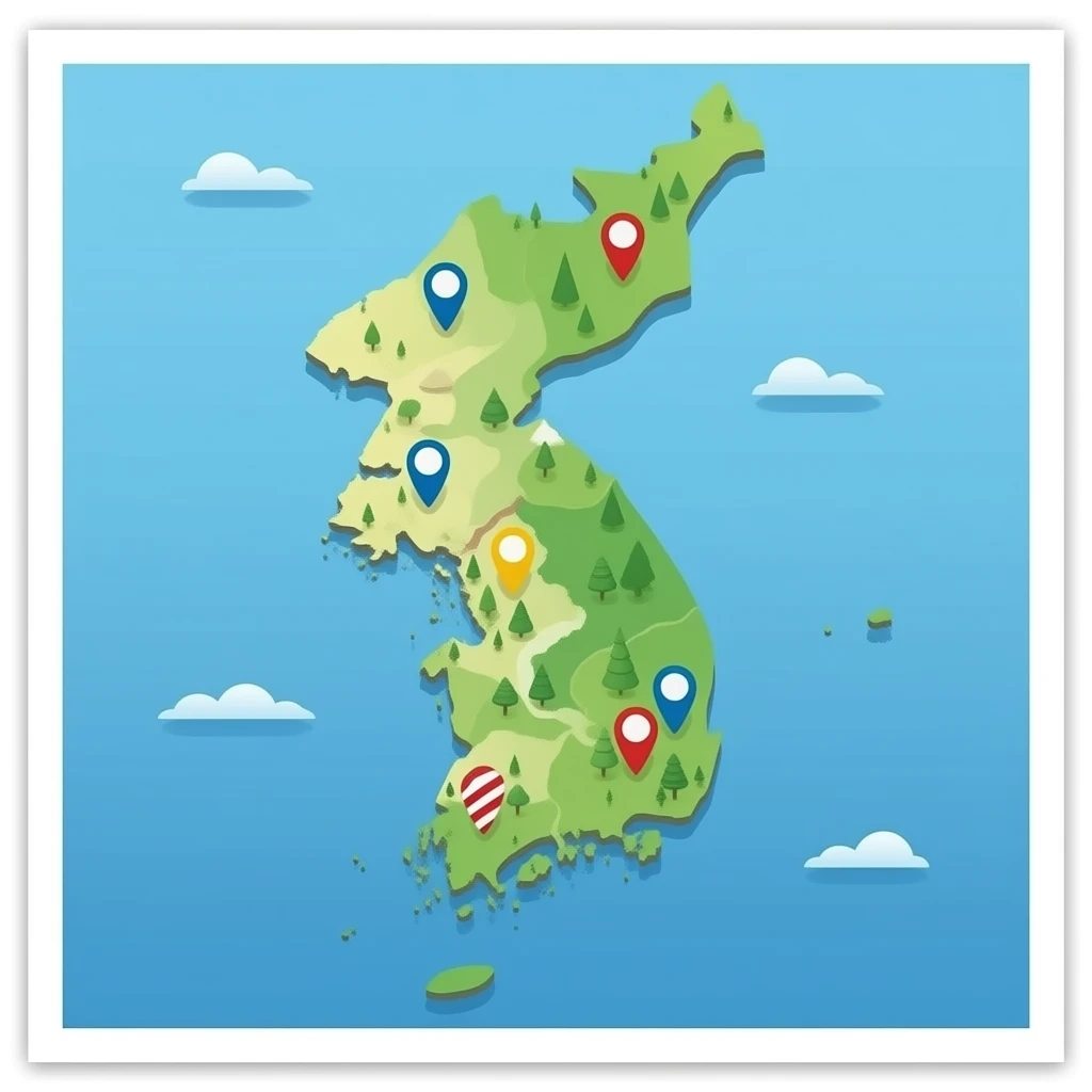 대한민국 지도 여행느낌나게 핀 찍혀있는 느낌 근데 남한만 해줘 emoji