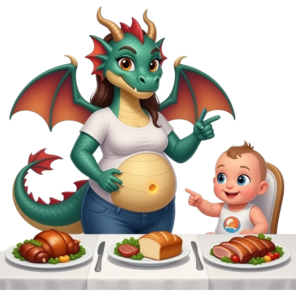 A female eastern dragon,enjoyed a meat buffet,now she pretends she has a twin baby bump,she sticks out her big full stomach,she is just perfect pointing cutely at her food baby,it is a guessing game with her bun in the oven,but she knows she is just fat,her bellybutton makes agreement with clues. emoji