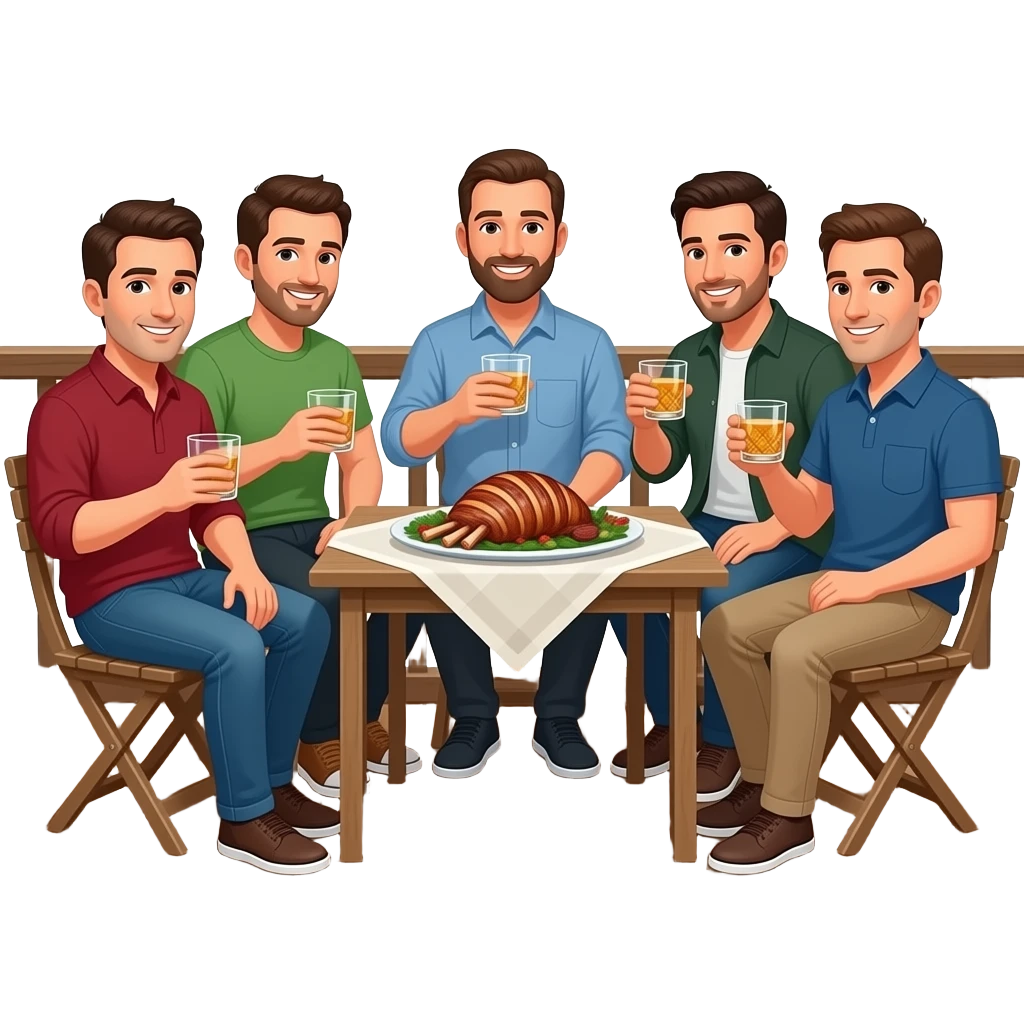 Create 6 people sitting on terrace with hard drinks and mutton. All of them should be guys. emoji