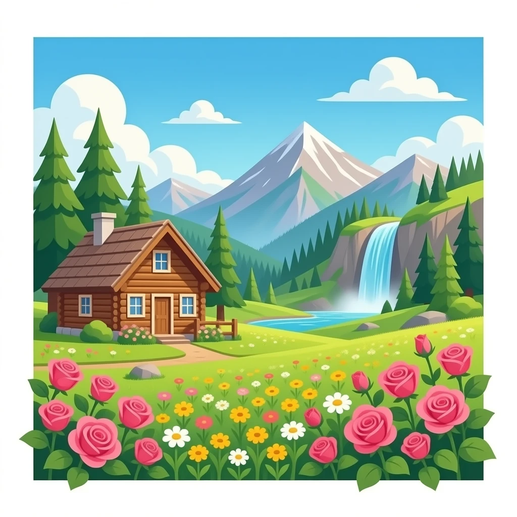 wildflower meadow with a cabin to the left, roses along the side of the cabin,  in the background have mountains, trees and a waterfall emoji