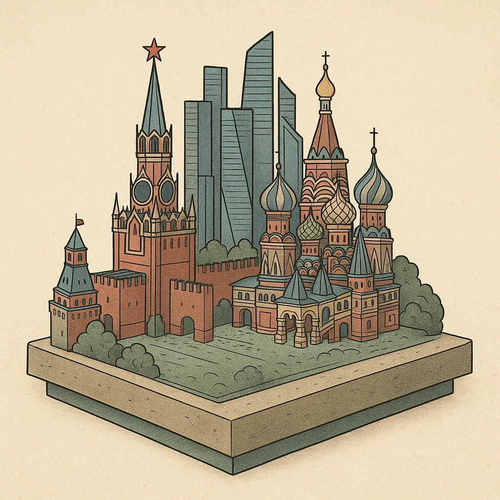 Изометричная миниатюрная 3D модель Москвы на подставке - фотореалистичный Кремль, собор Василия Блаженного, Башни Москва-Сити, аккуратная детализация, яркие цвета мультяшный реализм, компактная композиция,  вид сверху в изометрии emoji