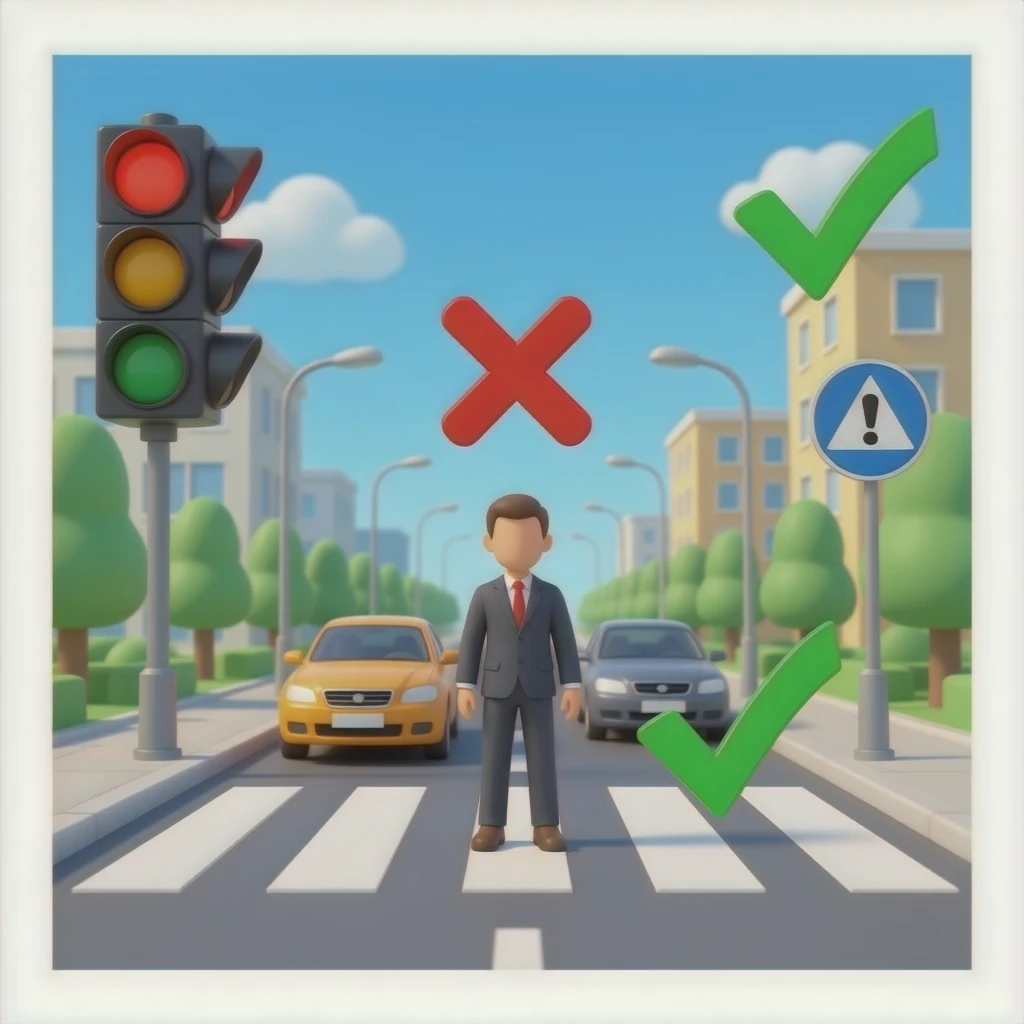 Simple 3D emoji scene demonstrating crosswalk safety rule, traffic  light red, cars stopped, pedestrian in middle of crossing with red  X (what NOT to do), safe waiting position shown with green checkmark,  before-after comparison, clean educational design, white background emoji