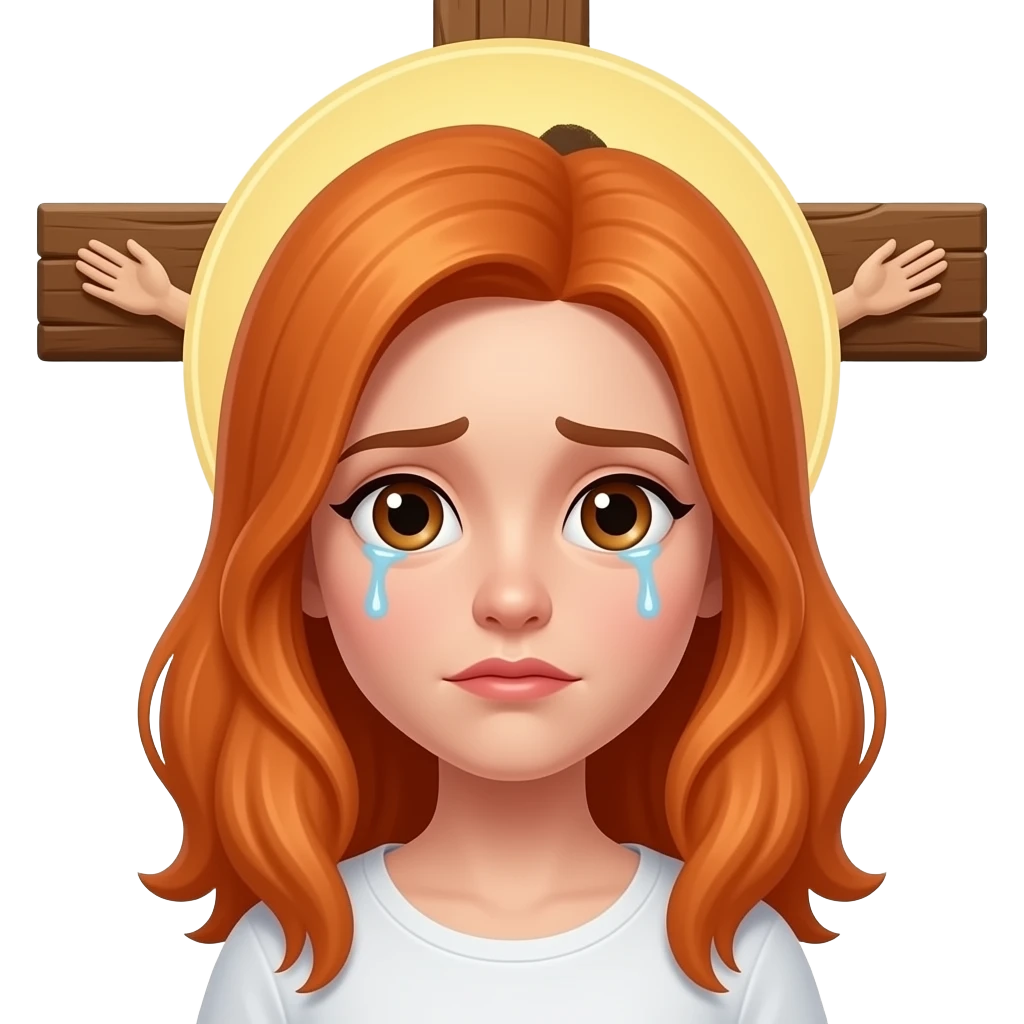 Woman crying with orange hair and brown eyes being crucified on a cross emoji