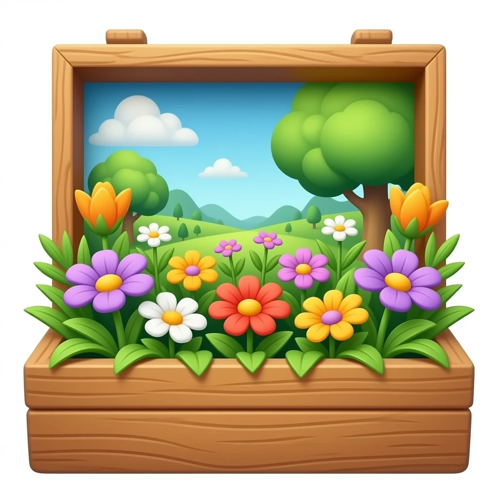 حوض زهور: صندوق خشبي مربع مليء بالزهور الملونة والنباتات الخضراء. emoji