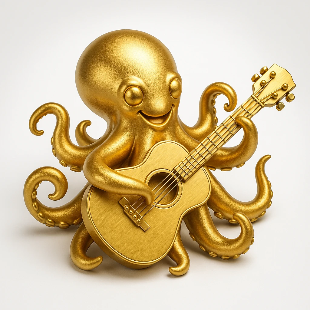 happy octopus with multiple arms playing guitar emoji