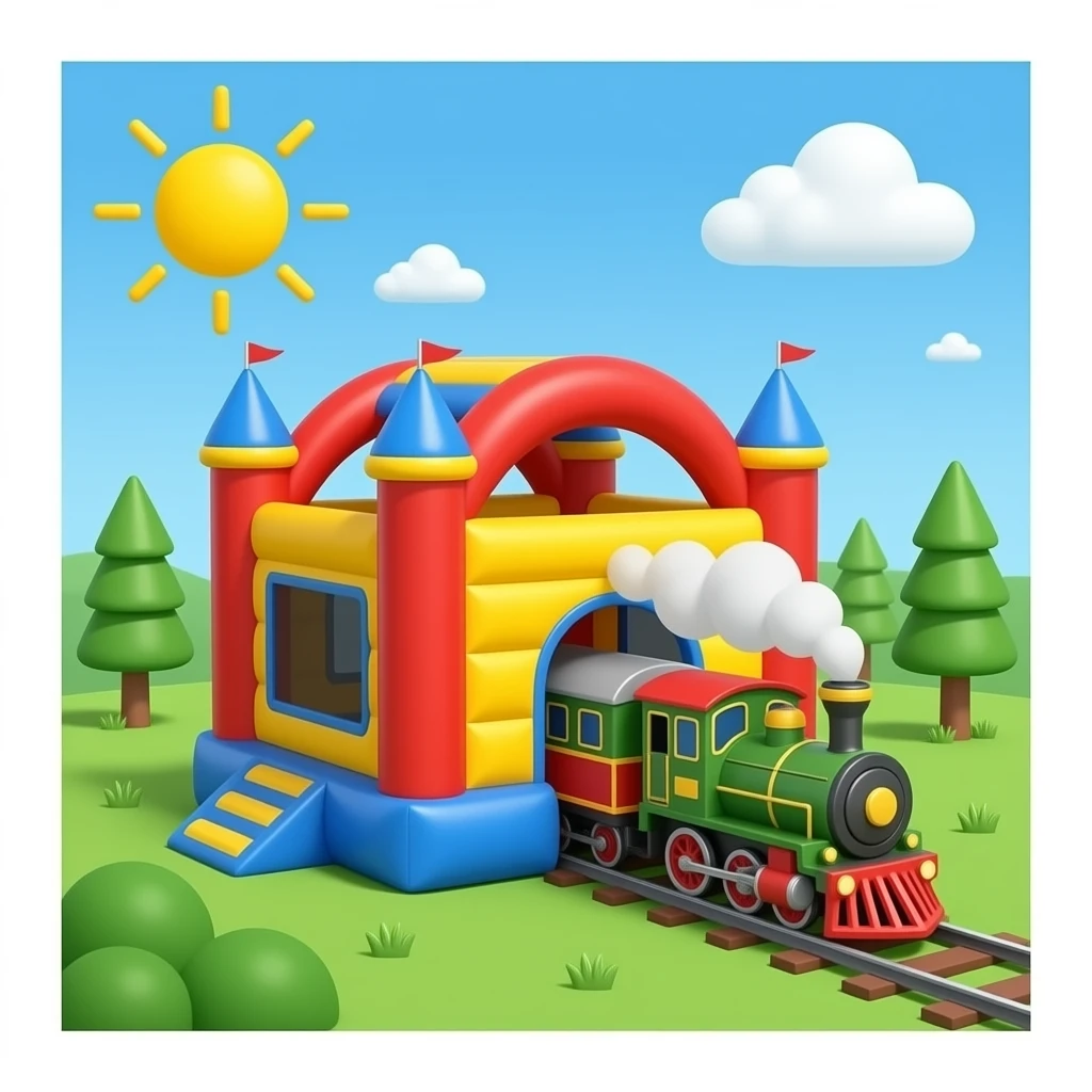 A bouncy catsle with a train getting out of the bouncy castle emoji