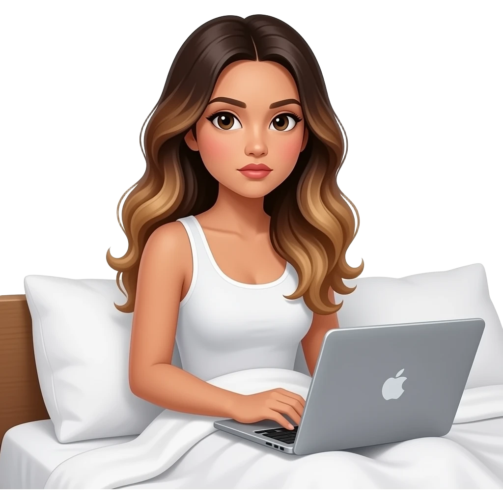 beautiful-filipino-woman-beautiful-eyes-with-long-wavy-hair-balayage--sitting on bed-with laptop before bed-side view-serious emoji
