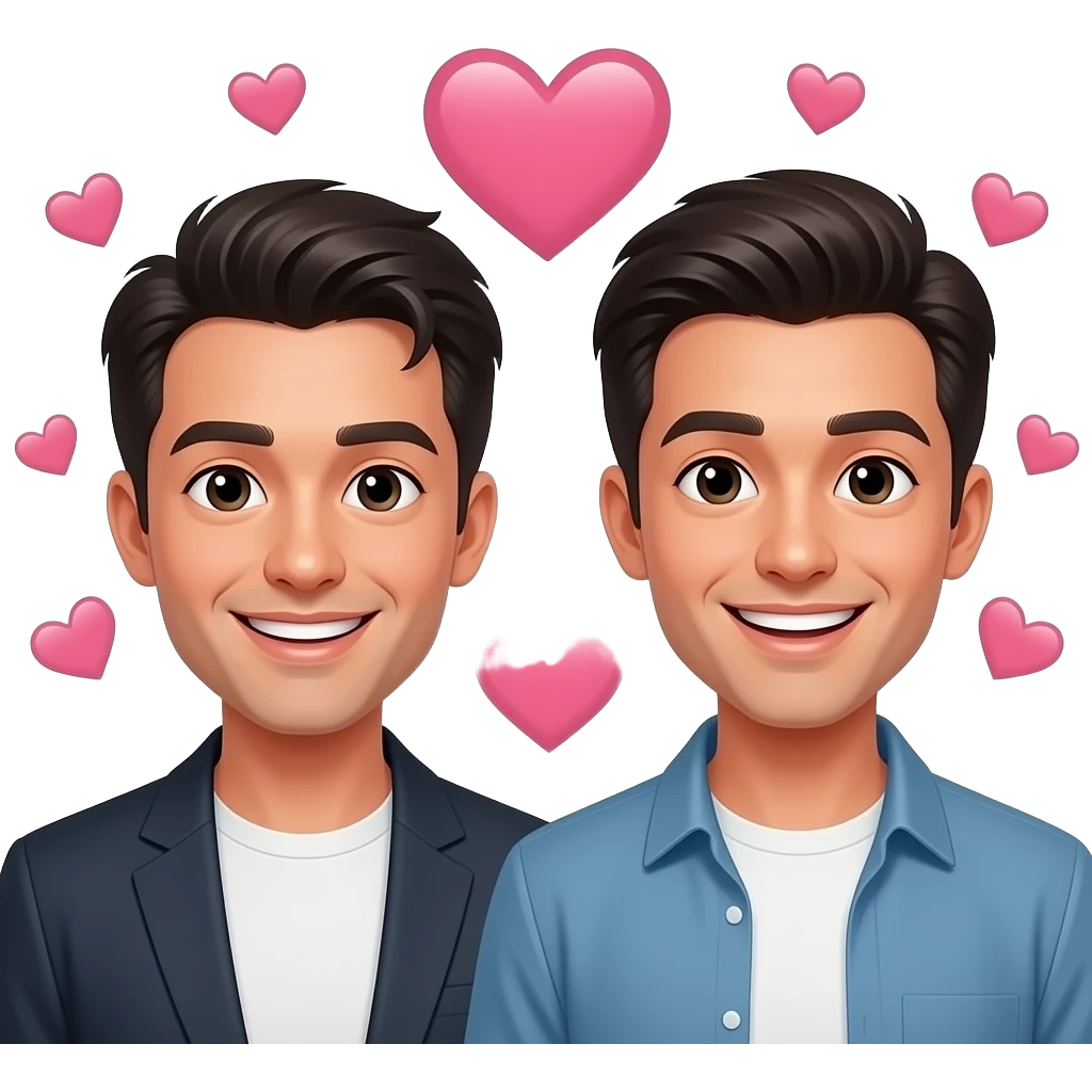 dos hombres morenos sonrientes en secreto con un fondo de corazones dispersos, como si fueran novios en la vida real pero en redes sociales son solo 'amigos', y que diga entre ellos: 'sí son novios pero no lo saben'. Cute pero con humor. emoji