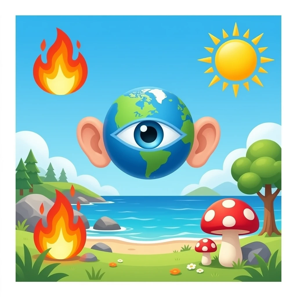 و آتش و خاک و باد و قارچ و خورشید و چشم سوم و گوش ها وسواحل دریا و صخره ها و سفید و سرخ emoji