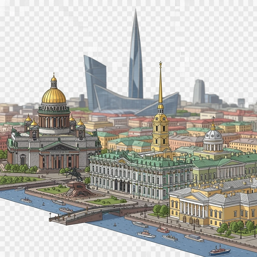 Изометрическая иллюстрация-модель Санкт-Петербурга с акцентом на фотореалистичный Исаакиевский собор, Зимний дворец, памятник Петру I, Адмиралтейство, здание Сената, башня Лахта-центр баланс между стилизацией и реализмом, эффект рисованной миниатюры Tift shift, прозрачный фон. emoji