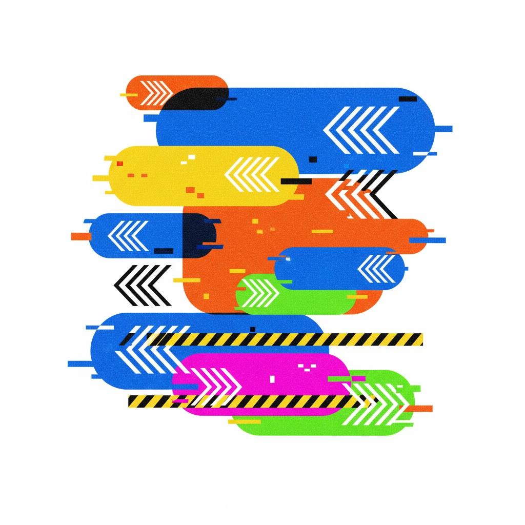 a graphic design wallpaper with various sizes of brightly colored glitchy oblong rectangles, various repeating stylized arrows, and caution bars stripes - neobrutalist glitchpunk linear, perfect angles, SPARSE MINIMALISM emoji
