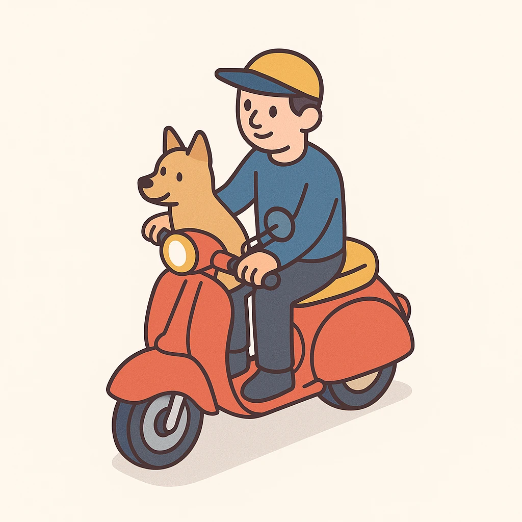 man and his pet dog riding a vespa emoji