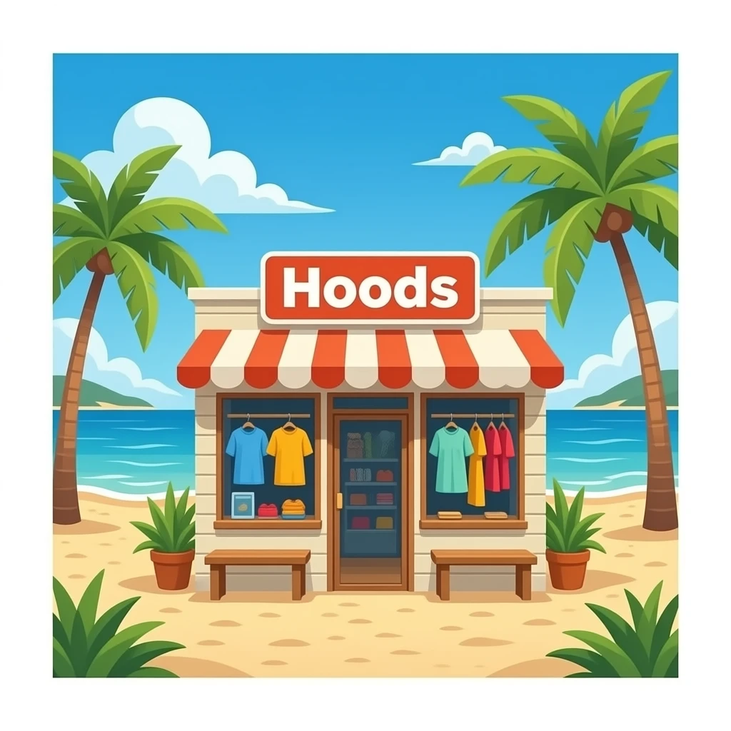 Petite boutique Pop up avec vêtements de la marque « Hoods" sur la plage emoji