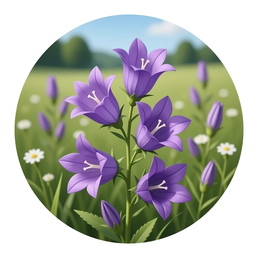 Колокольчик крупноколосый (Campanula macrostachya) на лугу: фиолетово‑сиреневые колокольчики с белыми центрами, размытый фон, дневной свет. Картинка должна быть круглой emoji
