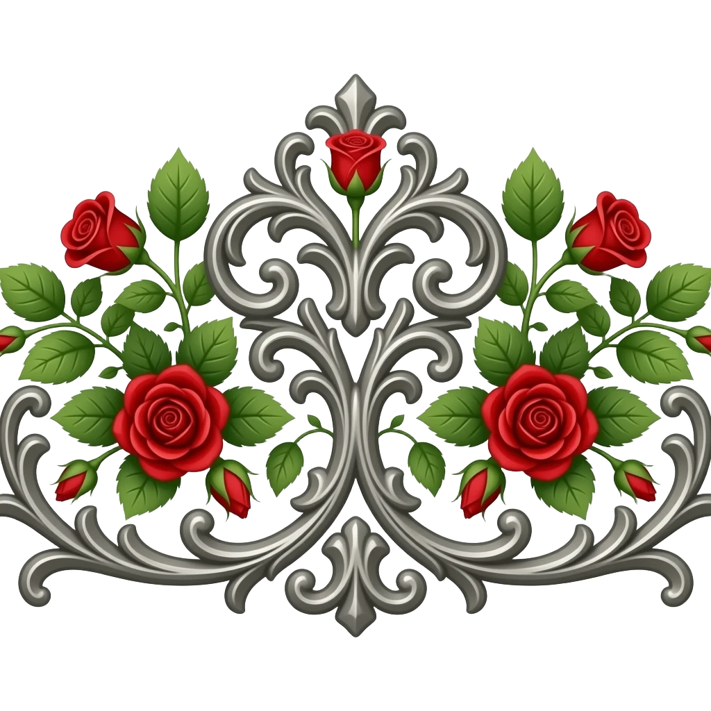 Create a beautiful and elegant horizontal decorative line in metallic antique silver with ornamental flourishes in a Gothic and Baroque style, also in metallic silver, featuring green foliage with red roses of varying sizes. The background is white. Illustration style: cartoon – Art Deco – 2D emoji
