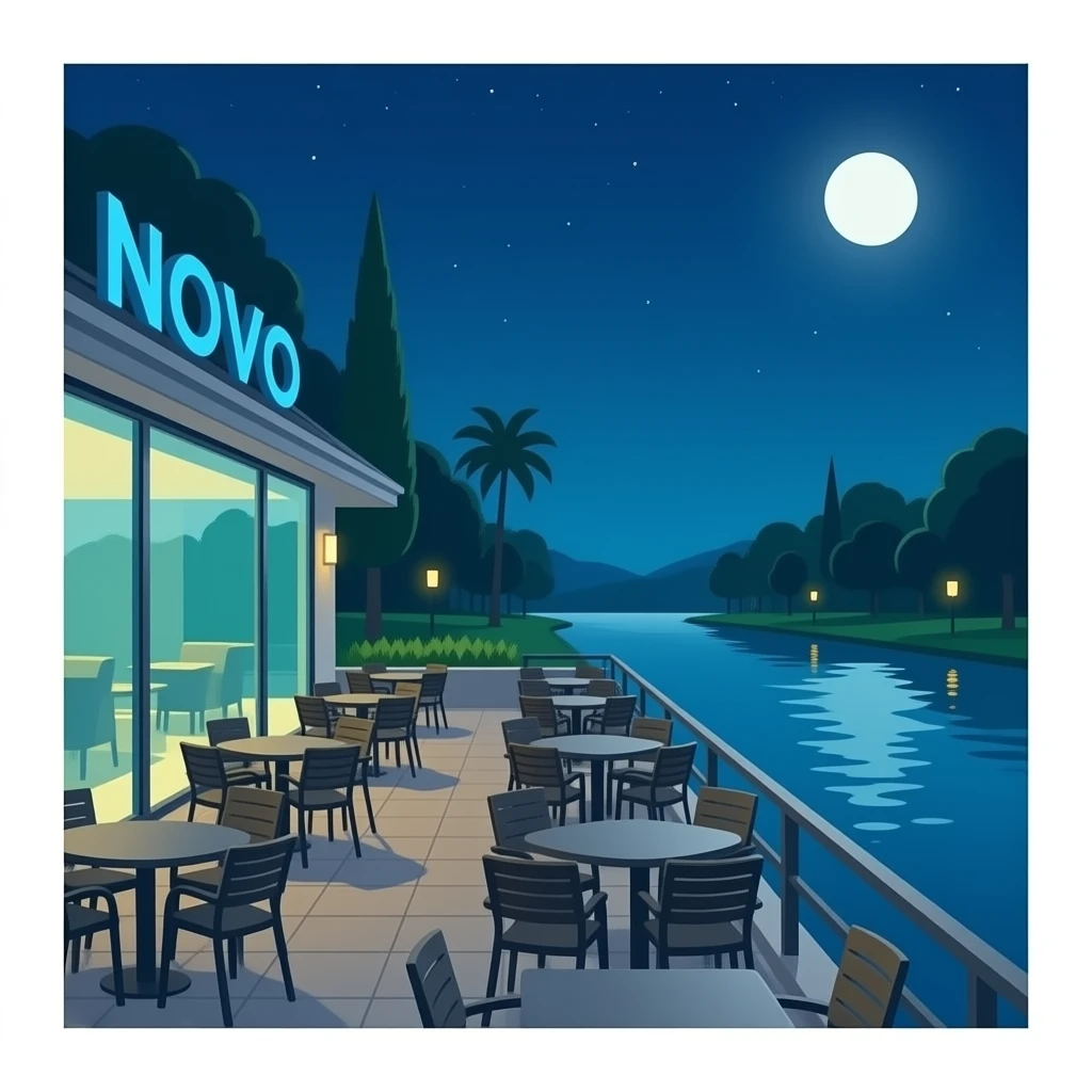 Novo Restaurant & Lounge: pixar-style 3D emoji style, glossy surface, soft shadows, white background, centered, no text, creek-side patio, relaxed upscale night vibe, blue and teal tones, no buildings emoji