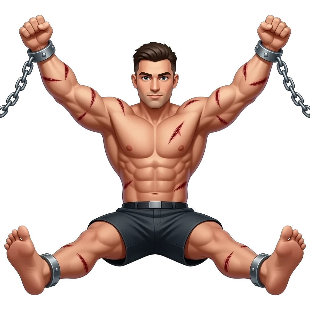 muscualr man with legs spread out on ground and arms are chained on wall with arms making a wide v and his hands are making a fist arms have scars emoji