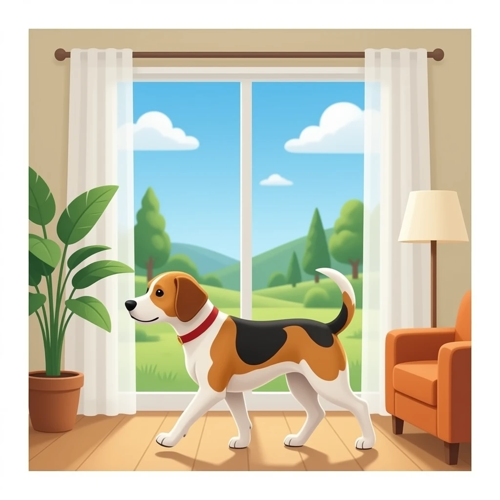 The dog walks into the bright living room emoji
