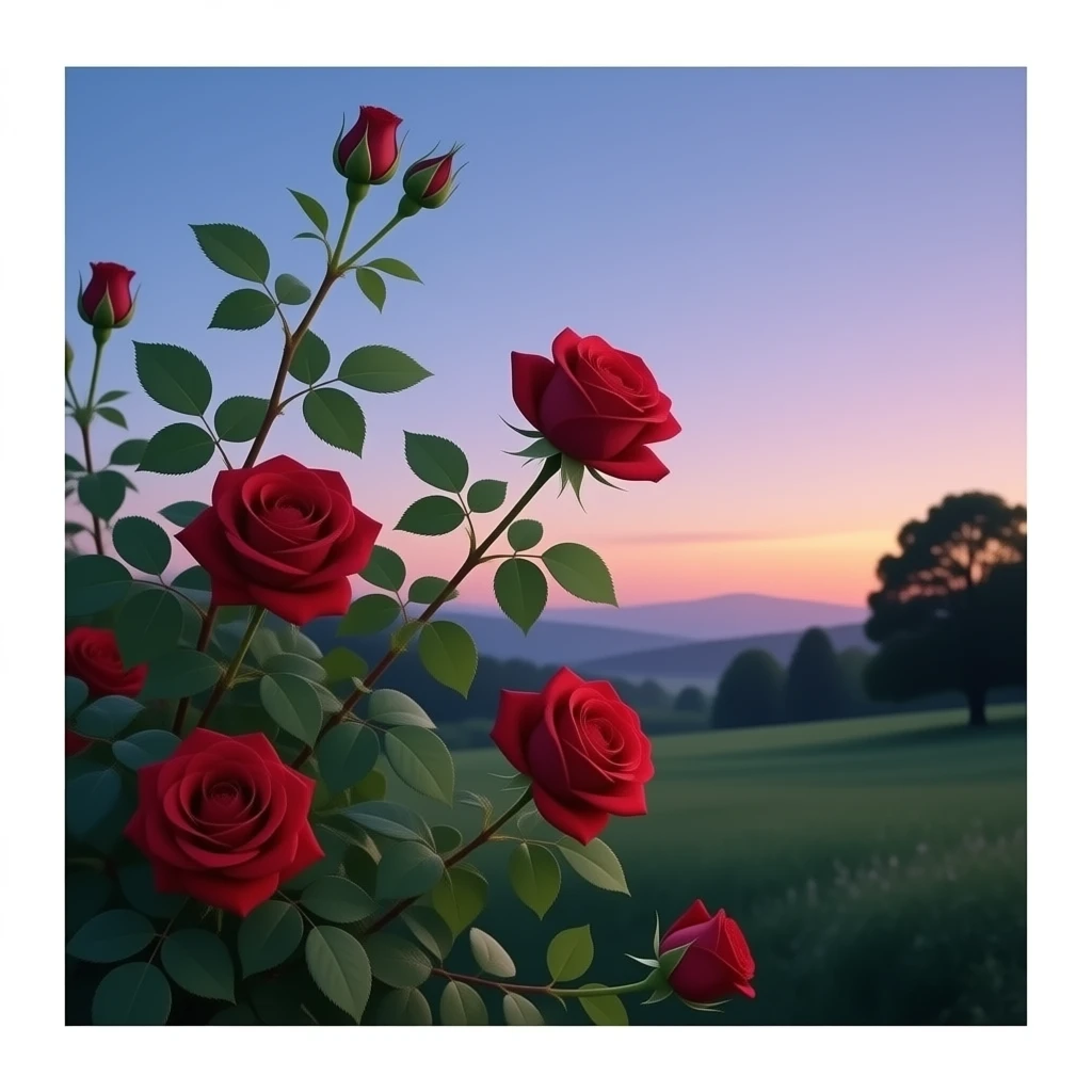 Realistic image: rose bush at dusk, deep red roses, green leaves ...
