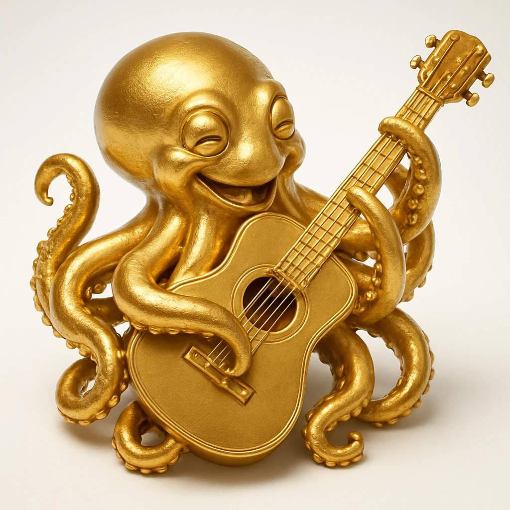 happy octopus with multiple arms playing guitar emoji