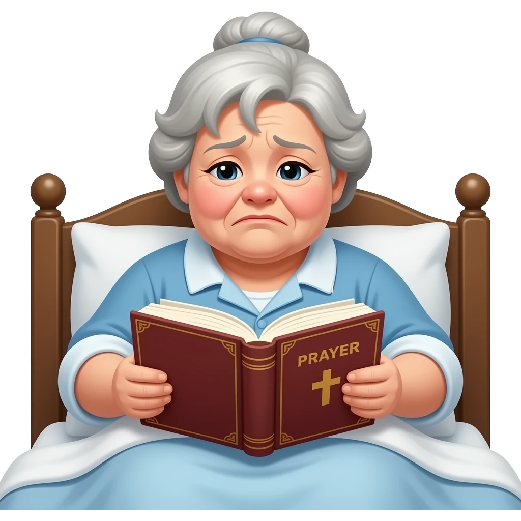 A plump, sad fat old lady is flipping through a prayer book in the bed emoji