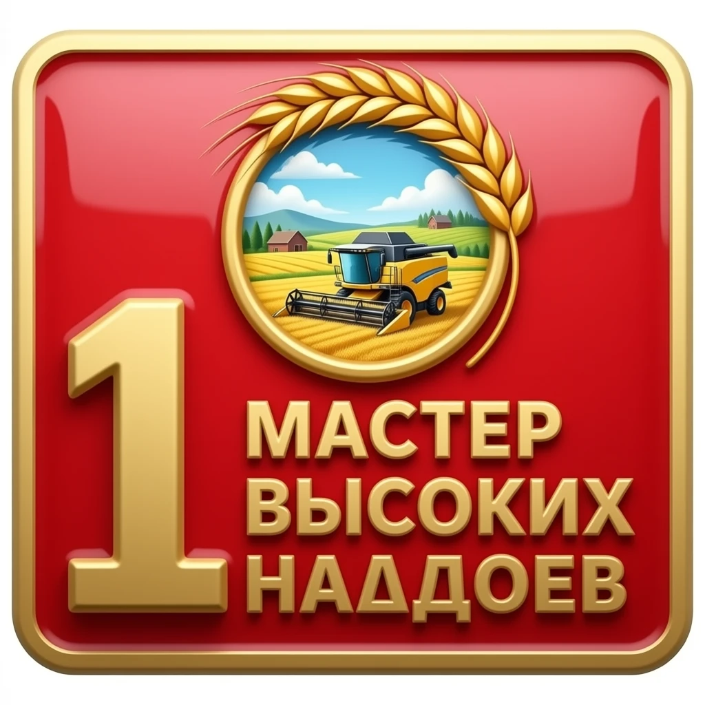 Top rectangular red enamel bar, central golden wheat. Gold ring: landscape with fields, barn, and detailed combine harvester. Foreground dominated by large red enamel framed golden '1' and dominant large Russian read text: 'МАСТЕР ВЫСОКИХ НАДОЕВ'. emoji