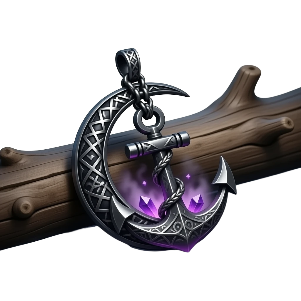 „blackened crescent‑moon and anchor pendant fused together, intricate runic engravings, deep violet inner glow, small purple crystals emitting mist, lying on weathered driftwood beside dark water, moonlight reflecting on metal, ethereal atmosphere, high detail, no characters“ emoji