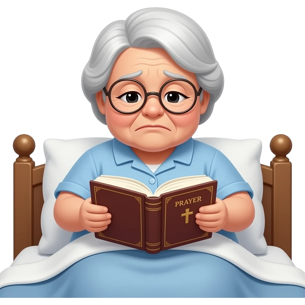A plump, sad fat old lady is flipping through a prayer book in the bed emoji