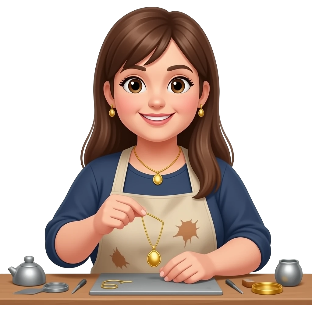 A woman in her 20s with long, straight brown hair; she is slightly overweight, has a cheerful disposition, and is a jewelry maker who works with gold and silver emoji