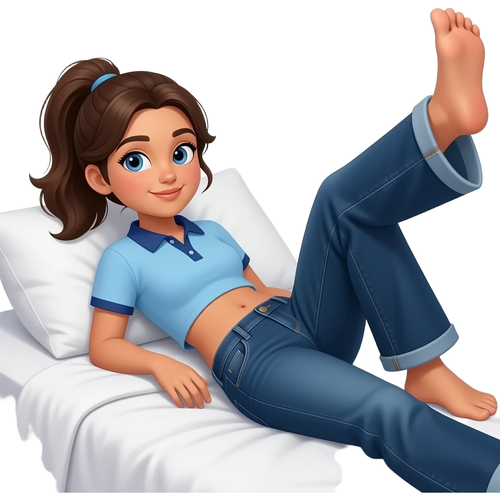 Hispanic girl with brown ponytail and blue eyes light blue and dark blue polo and dark blue baggy jeans and belly button laying down on her pillow on her bed showing her feet lifted her shirt showing belly rolls emoji