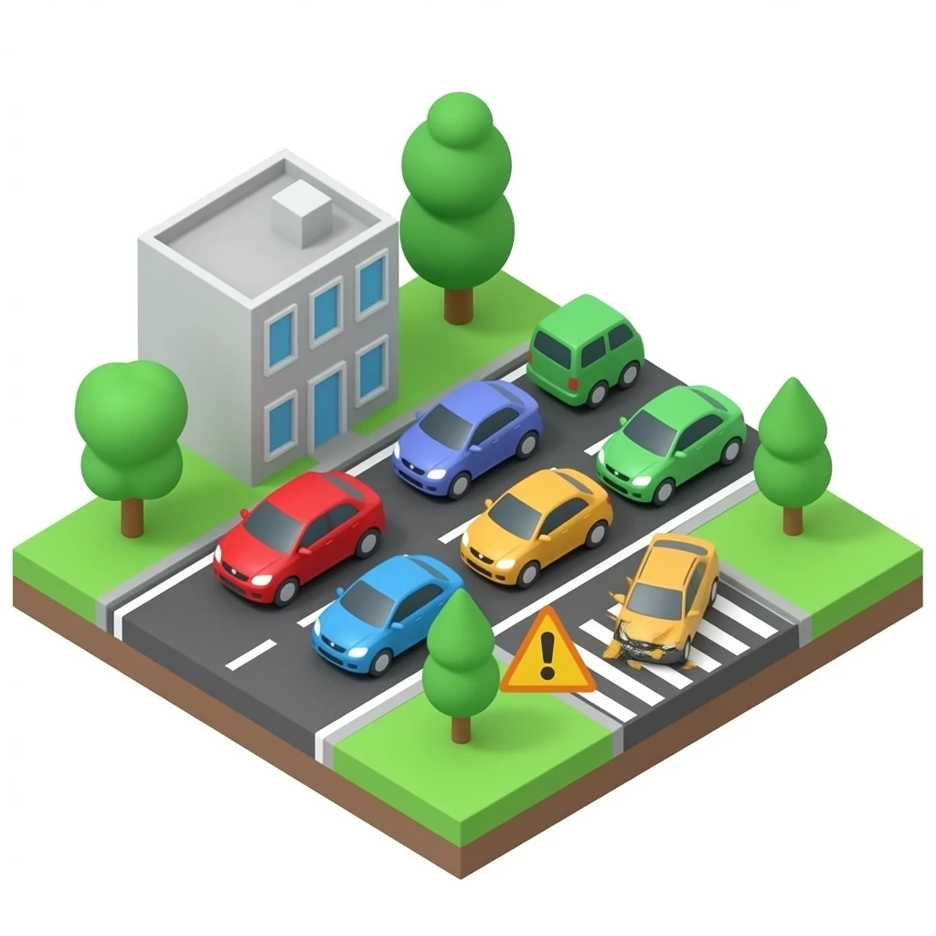 Isometric 3D emoji scene of road traffic congestion, accident  scene at the front with damaged car and emergency triangle,  long line of 5-6 cars stopped behind waiting, some cars trying  to change lanes, cute cartoon style, bird's eye view, white  background emoji