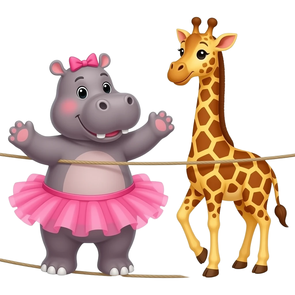 hipopotamo con tutu rosa y una jirafa en una cuerda floja bailando emoji