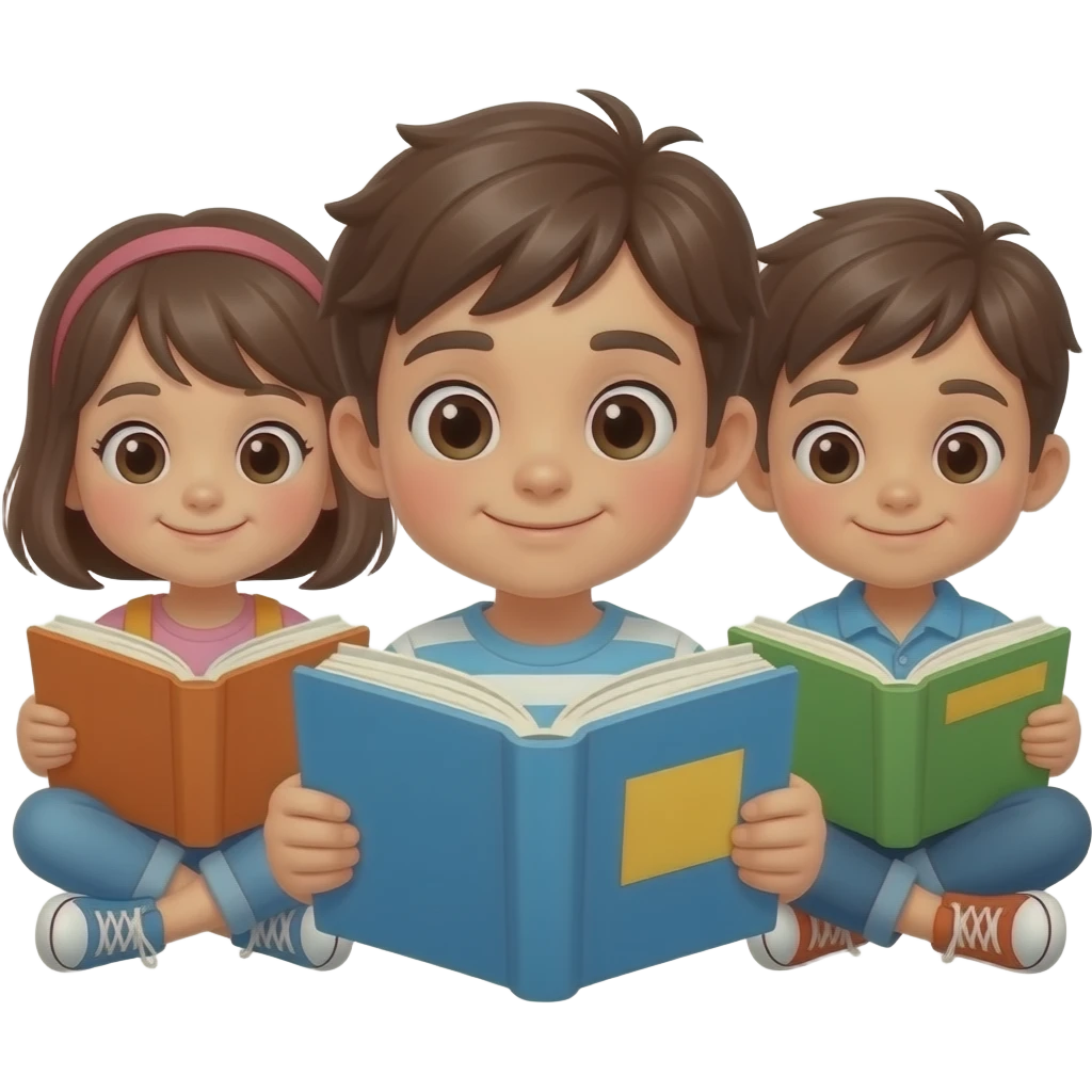three kids in raw reading books emoji
