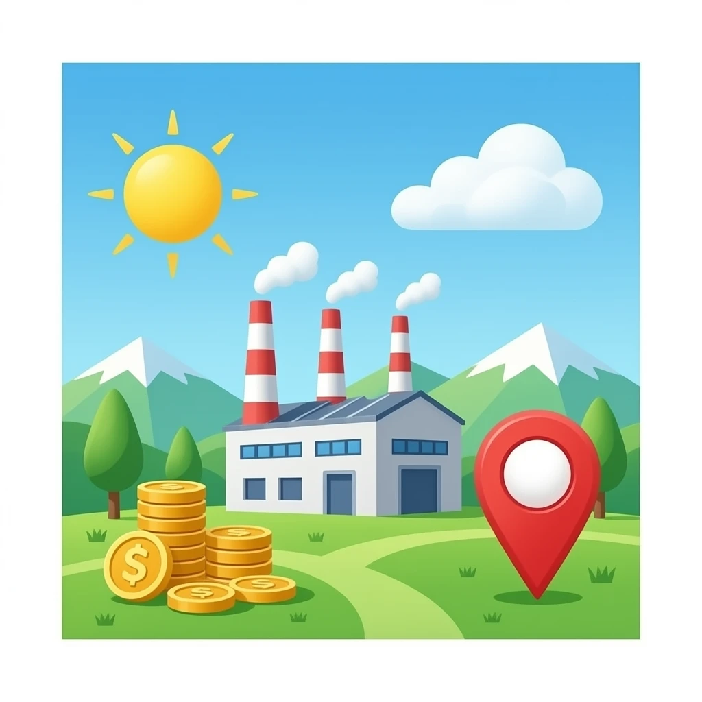 Factory with coins and location pin emoji