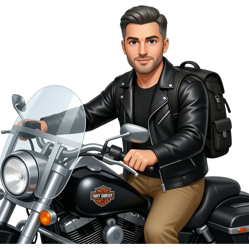 Gray and black short hair clean shaven man with no beard in black leather jacket and black shirt and tan pants and not wearing a obackpack  riding on a harley with a windshield and saddlebags and the orange bar and shield harley logo emoji