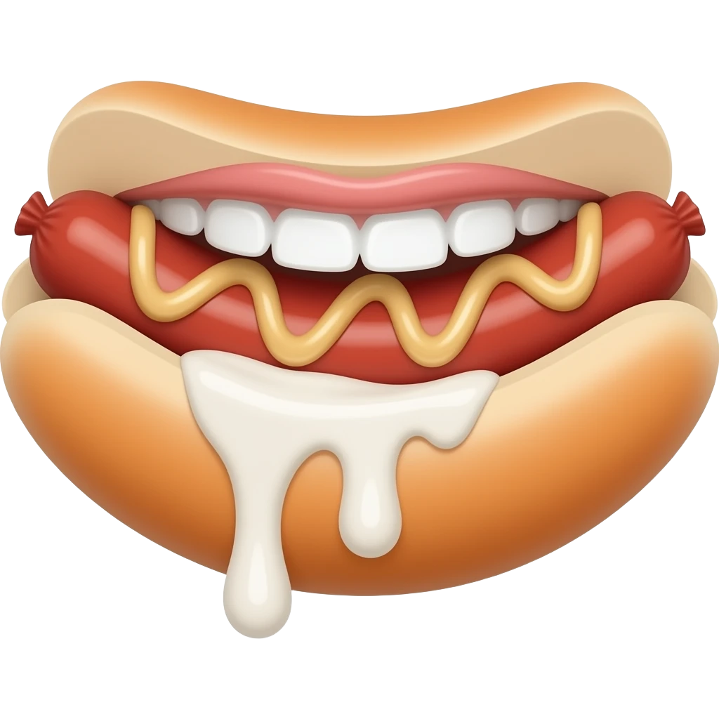 Create an emoji of a sausage in a mouth (without the bun) in a  mouth with sour cream sauce dripping out of a mouth. It’s for a menu I’m creating emoji