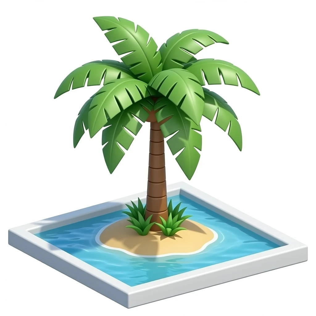 3D chrome, luxury island and palm tree, minimalist style, front view. emoji