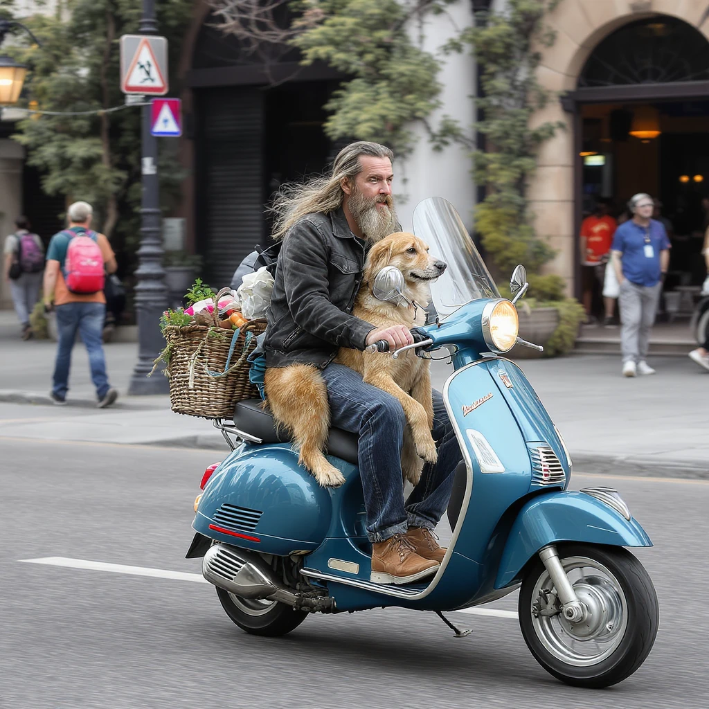 man and his pet dog riding a vespa emoji
