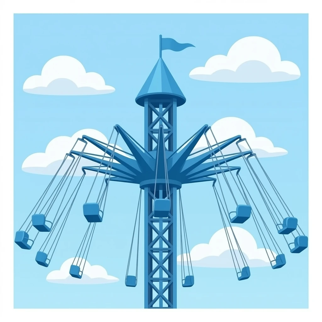 blue colored vertical drop tower carnival ride, empty single row of ...