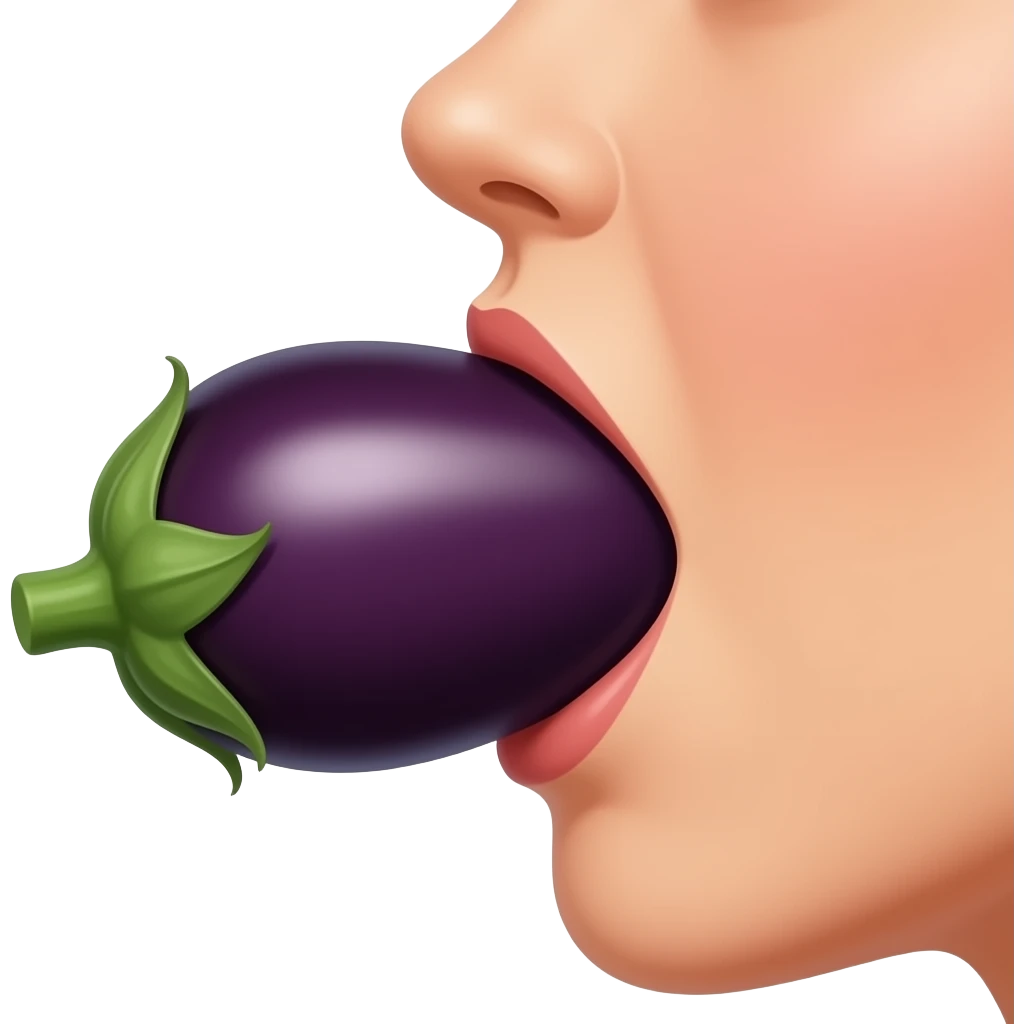 Side view of an eggplant entirely inside a woman’s mouth emoji