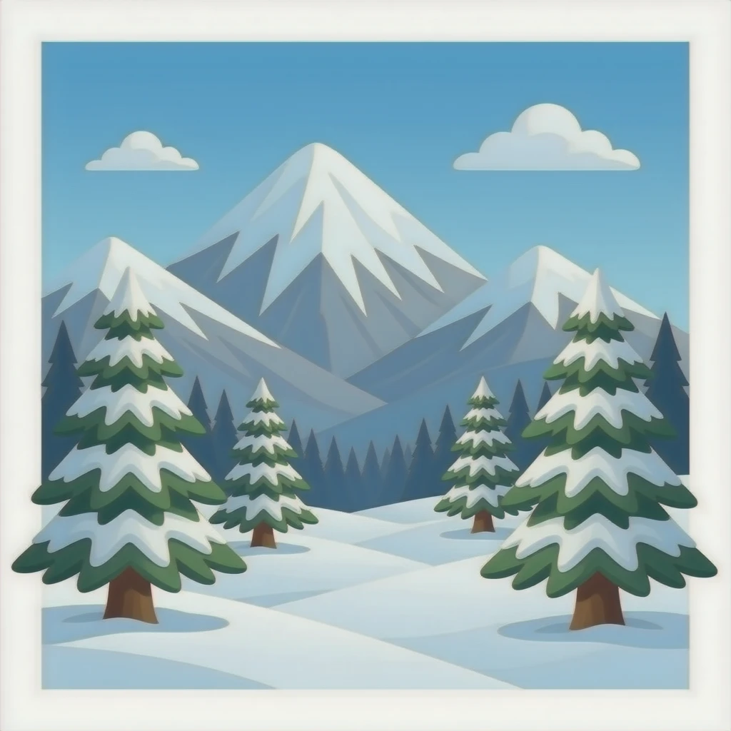 Snowy mountains with pine trees scenic full scenery realistic real realism photography emoji