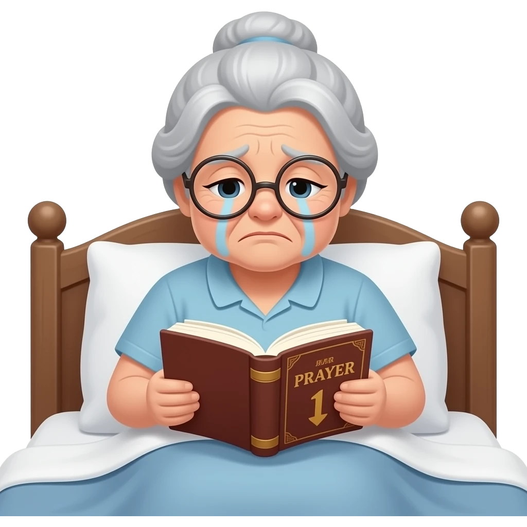 A plump, sad fat old lady is flipping through a prayer book in the bed emoji