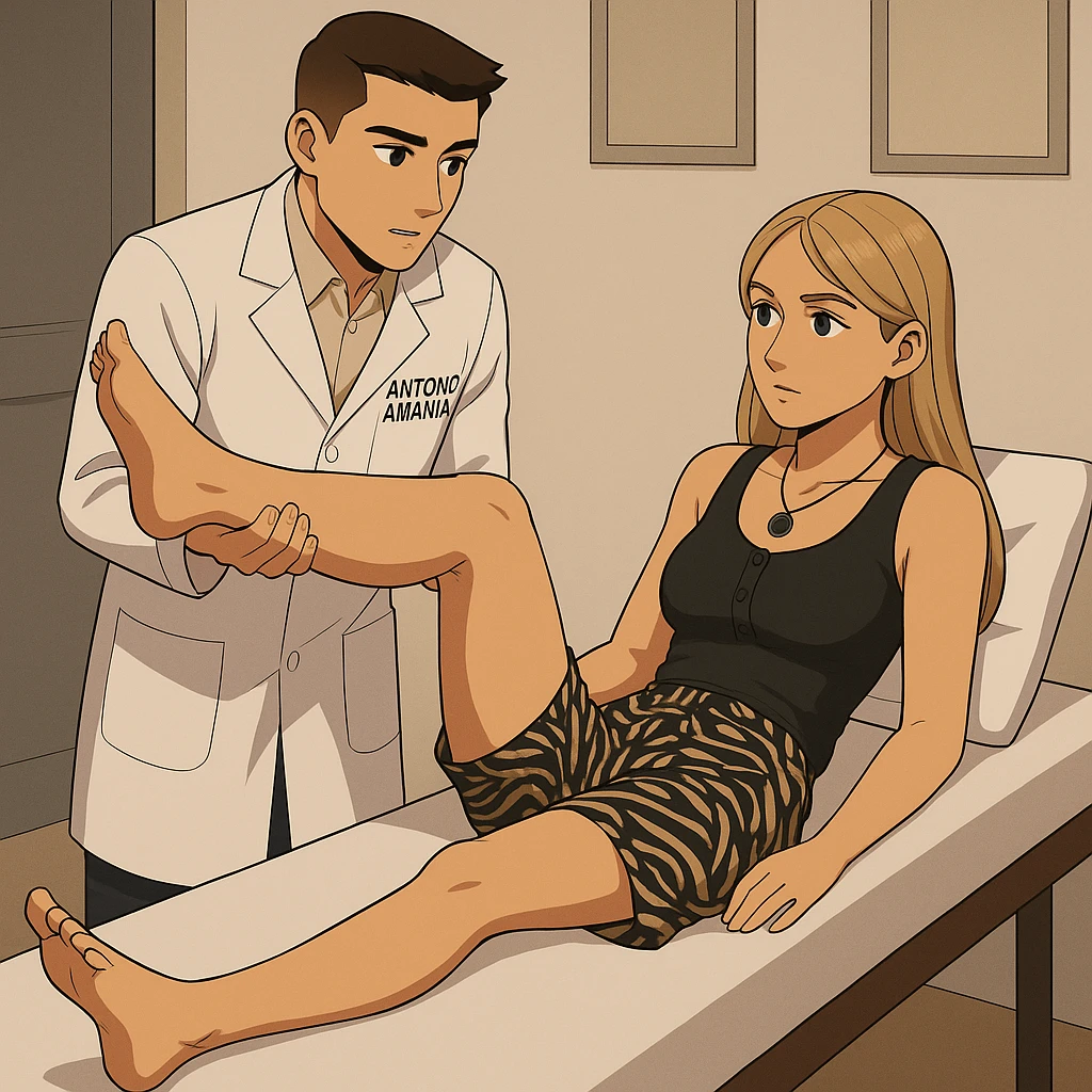 fai un webtoon/manga a colori con questo kinesiologo in camice bianco (fagli la scritta "ANTONIO ANANIA" SUL CAMICE) CHE SVOLGE UN TEST NEUROMUSCOLARE SOLLEVANDO UNA GAMBA ALLA RAGAZZA CHE è STESA SU UN LETTINO BIANCO. STANZA SEMPLICE E MODERNA, DURANTE IL TEST I DUE DIALOGANO TRA LORO. NON FARE I FUMETTI, FAI SOLO LORO COME SE DIALOGASSERO emoji